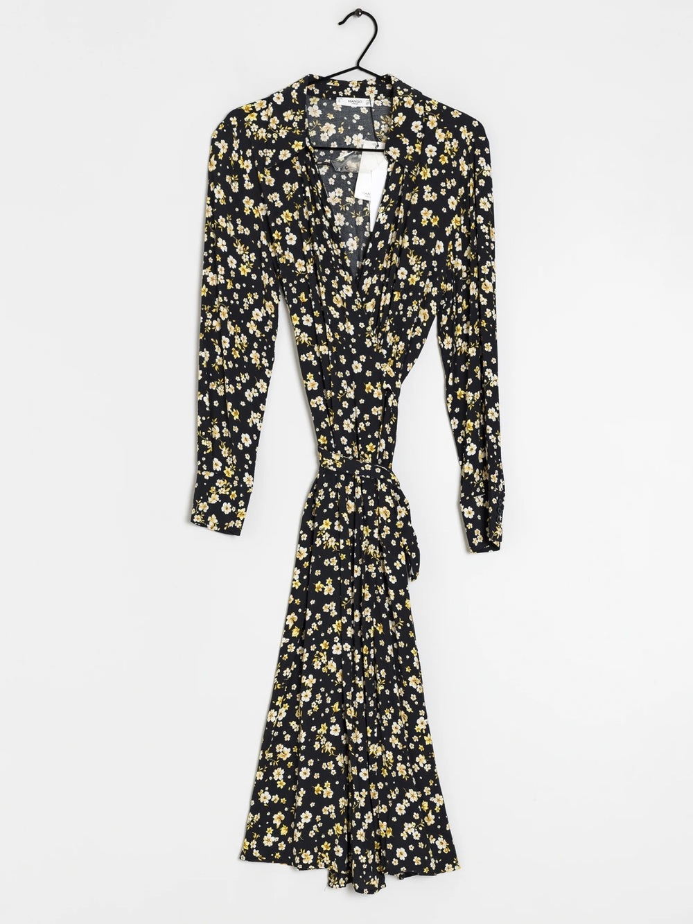 NWOT a Mango black floral midi dress V-neckline, long sleeves,wrap-style design.